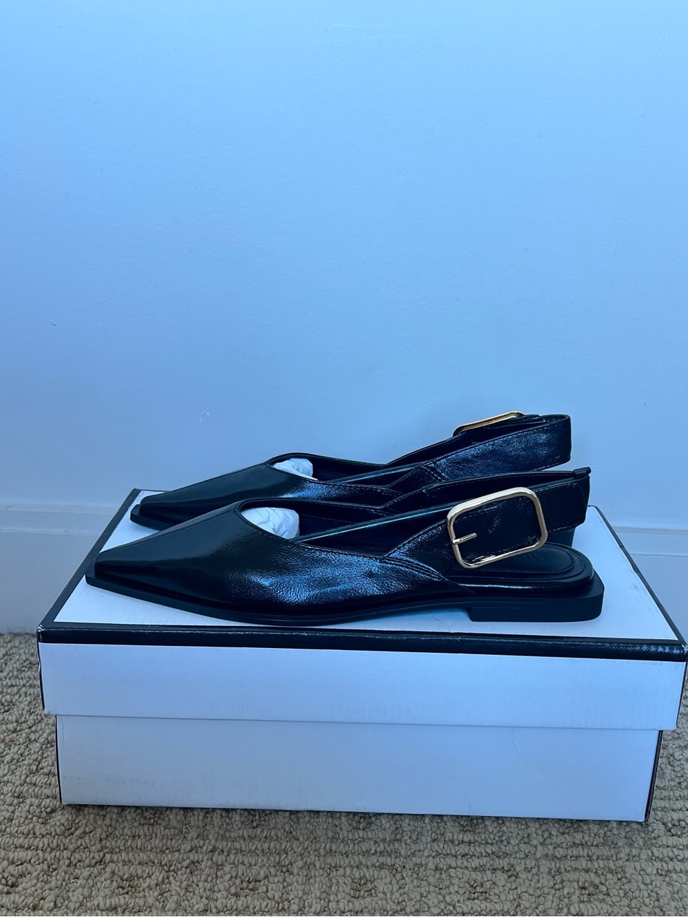 Steve Madden Shay Black Pointed Slingback Flats with Gold Buckle